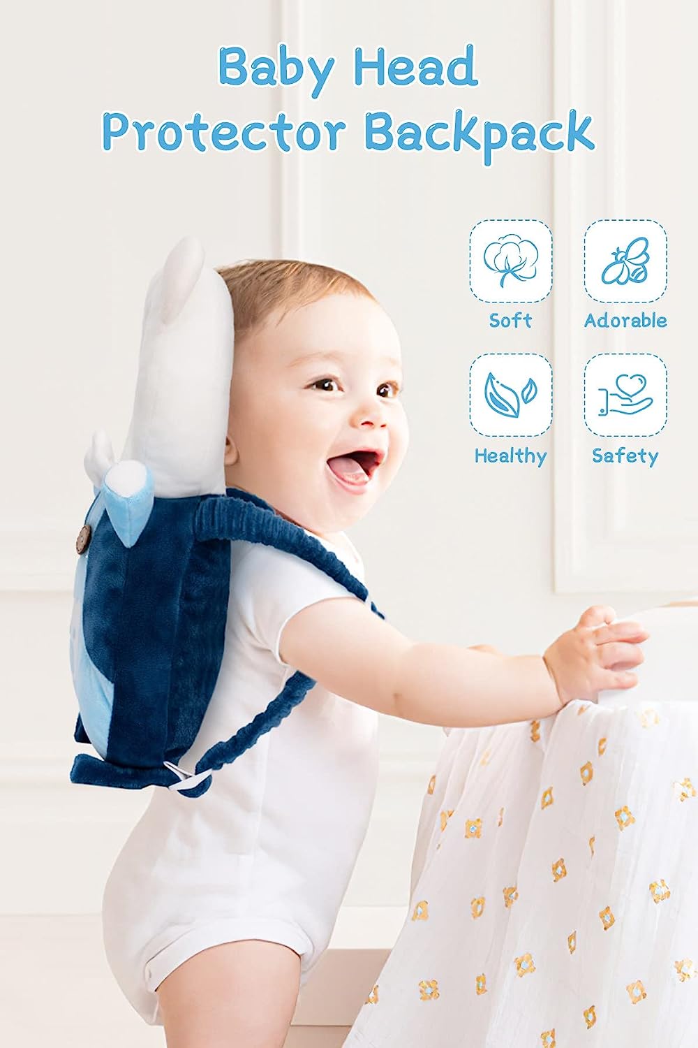 Baby Head Protector Cushion Toddler Head Protection Pillow Baby Backpack with Knee Pads&Anti-Slip Socks (Bee - Crystal Velvet) - Image 2